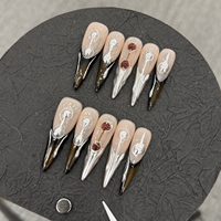 Kuku Palsu Almond Sedang 3D Motif Bunga Korea Lucu Berhias Rhinestone Dapat Digunakan Kembali Buatan Tangan Grosir Kustom