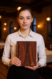 Cubierta de Menú de Madera Marrón con Remaches de Latón para Restaurantes y Hoteles - Product Image 6
