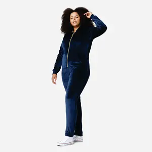 100% poliester satu cara ritsleting bukaan depan kanguru saku Navy wanita Alps beludru lembut dilengkapi Jumpsuit