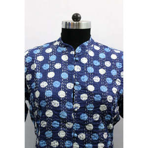 <b>Women's</b> Reversible Blue Kantha Stitch Cotton <b>Jacket</b> Floral Print <b>Lightweight</b> <b>Bomber</b> Style Patchwork Decoration Short Leather - Product Image 4