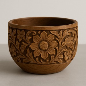 Juego de dos cuencos de madera tallada con relieve floral y patrones de celosía de estrella ideales para Decoración de mesa regalo de servir frutas o cocina - Product Image 5