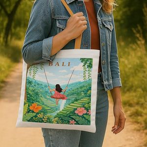 Sac fourre-tout en toile imprimée pleine grandeur à ouverture ouverte, en coton naturel, pour femme, idéal pour le camping et les voyages en Bali - Product Image 2