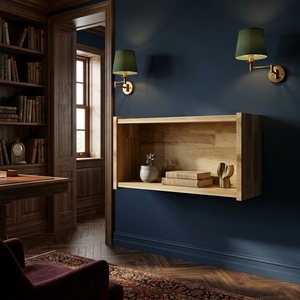 Meuble mural en bois massif avec étagère flottante et vitrine ouverte, unité de rangement pour salon - Product Image 6