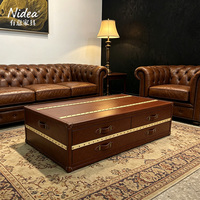 Mesa de Centro de Cuero Marrón Vintage con 3 Cajones, Baúl de Almacenamiento Industrial Estilo Campaña, Mueble Retro Hecho a Mano para Sala de Estar