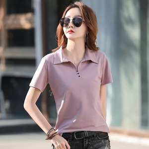 Camiseta de estilo hip-hop para mujer, camiseta de manga corta de lana pesada con botones y cuello vuelto de verano, Camiseta corta de Color sólido - Product Image 5