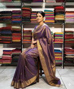 Sari en lin pur de qualité supérieure Royal Purple, élégant, pour femmes, tissu doux et luxueux, look traditionnel d'Inde - Product Image 3