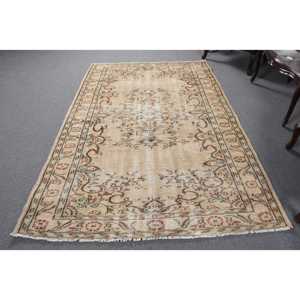 6.2x8 ft Vintage Rug, <b>Brown</b> Plants & trees Turkish Rug <b>Wool</b> - Product Image 1