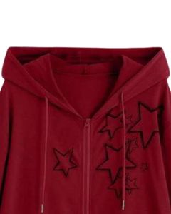 Sudadera con Capucha y Cremallera Bordada con Estrella Borgoña para Mujer, Sudadera Informal de Invierno de Manga Larga con Forro Polar Suave - Product Image 4
