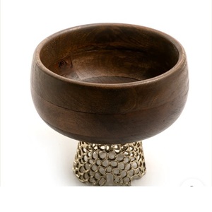 Tazones de Diseño Atractivo para Servir Alimentos, Acabado en Madera de Nogal con Base de Metal, para Cocina, Hogar, Hotel, Restaurante - Product Image 1