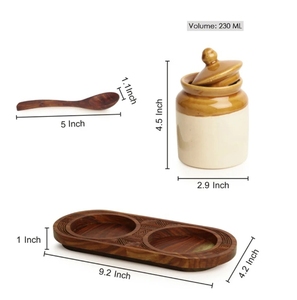 Bocaux en céramique à l'ancienne avec plateau sculpté à la main Ensemble non étanche à l'air de 2 pots à condiments en céramique avec shesham en bois - Product Image 6