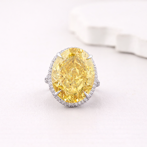 Bague halo en diamant jaune ovale cultivé en laboratoire, argent sterling 925, sertissage pavé - Product Image 1