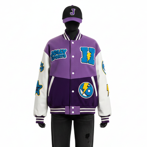 Chaqueta Universitaria para Mujer, Mezcla de Lana GSM, Cuerpo Morado, Mangas de Cuero Sintético, Panel con Parche de Chenilla con Logotipo, Chaquetas Universitarias para Mujer - Product Image 6