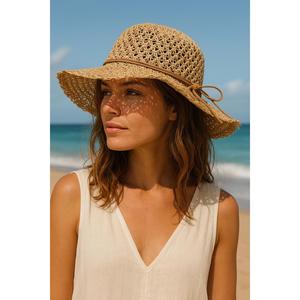 Camel Wide Brim Hand-Knitted <b>Straw</b> <b>Hat</b> - Trendy <b>Summer</b> Accessory with Knitted Details HSR2102 - camel2102 - Product Image 1