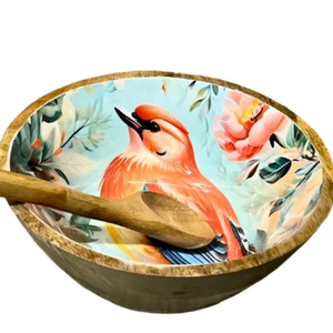 Songbird Bloom <b>Bowl</b> Mango <b>Wood</b> Handmade Decorative Wooden <b>Salad</b> <b>Bowls</b> with Serving Utensils <b>Wood</b> Dinning Accessory - Product Image 1
