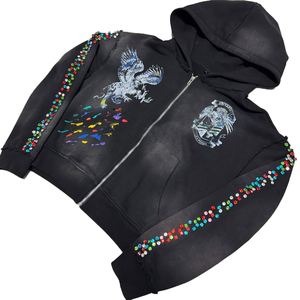 Sweat à capuche pour homme avec impression par transfert thermique, fermeture éclair à rivets personnalisée, délavage acide, strass brodés, 100% polyester polaire, hiver - Product Image 2