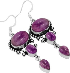 Boucles d'oreilles pendantes en argent sterling 925 plaqué or avec pierre précieuse améthyste de forme ovale, bijoux tendance pour femmes et filles - Product Image 4