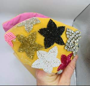 Wide Knotted Turban <b>Headband</b> with Star Beaded Design Trendy <b>Fabric</b> and Velvet Accessory Plain Braided Style - Product Image 4