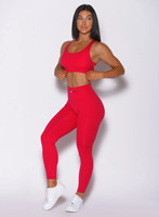 Legging Atletik Desain Terbaru Warna Merah Solid Custom Berkualitas Tinggi, Bahan Stretch Empat Arah, Bernapas, Kantong Kanan, Elastis