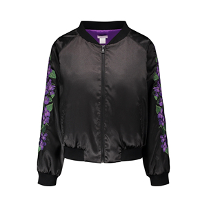 Black Satin Bomber <b>Jacket</b> With Purple Floral Embroidery Full Sleeve Zipper Closure Women's Autumn Fashion <b>Jacket</b> - Product Image 1