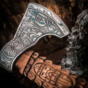 Wholesale Customized OEM ODM Cutlery Factory <b>Axe</b> Carbon Steel Viking <b>Camping</b> <b>Axe</b> With Ash Wood Handle With Leather Sheath <b>Axe</b> - Product Image 5