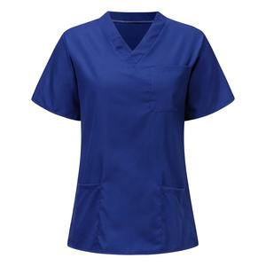 Uniformes de gommage à col en V bleu pour femmes haut de gommage à manches courtes multi-poches pour l'hôpital et le toilettage des animaux de compagnie - Product Image 1