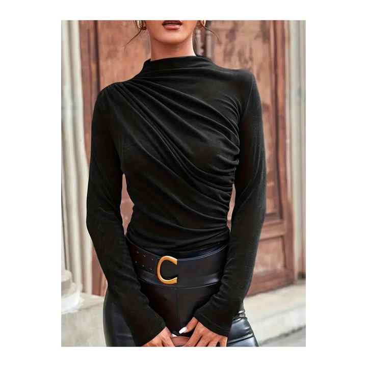 Women's Long Sleeve Half Turtleneck Viscose Blouse with Floor Detail on the Shoulders