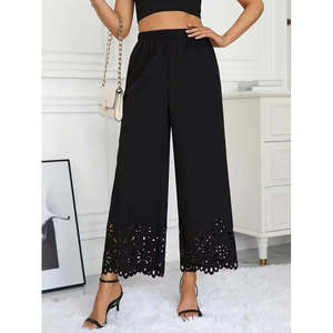 Women's High <b>Waist</b> <b>Elastic</b> <b>Waist</b> Floral Pattern Laser Cut Detail Imported Crepe <b>Trousers</b>, 36049 - Black - Product Image 5