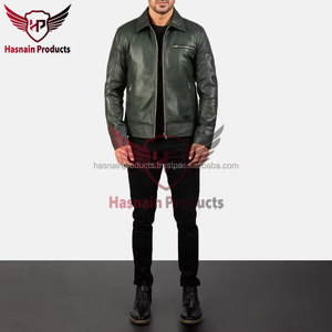 Veste en cuir véritable vert pour homme, col rabattable, fermeture éclair, poche poitrine, en peau de mouton, style motard olive, effet vieilli, sur mesure, vêtement d'extérieur hiver - Product Image 2