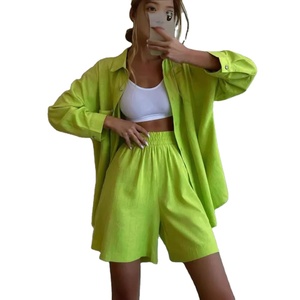 Chemises ensembles courts femmes décontracté costume ample à manches longues simple boutonnage chemises haut deux pièces ensemble taille haute Shorts élégant - Product Image 1