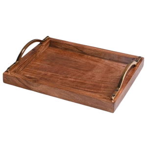 Plateau de service en bois en vrac écologique de haute qualité avec poignée en métal finition naturelle plateau décoratif standard en forme de rectangle - Product Image 1