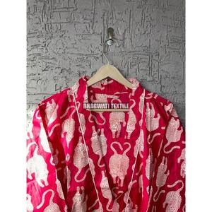 ชุดกิโมโนผ้าฝ้ายสีแดงสวยสำหรับผู้หญิงเสื้อคลุมยาวพิมพ์ลายดอกไม้ปกสูงสำหรับใส่นอนและใส่ชายหาดในฤดูร้อน - Product Image 4