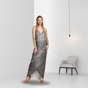 Robe de soirée maxi de luxe haut de gamme, ornée de perles métalliques, très vendue, de créateur, pour soirée, sans manches, col en V, inspirée des robes de mariée - Product Image 1