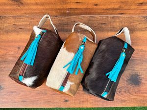 Neceser de piel de vaca con borla turquesa para mujer, bolso de cosméticos de cuero genuino occidental para almacenamiento de maquillaje - Product Image 4