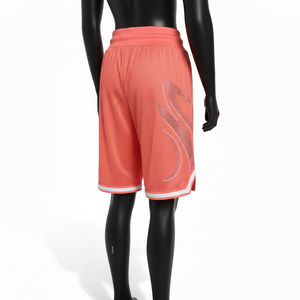 กางเกงบาสเก็ตบอลหญิง 170 GSM ผ้าโพลีเอสเตอร์ตาข่ายระบายอากาศอย่างดี สีชมพูคอรัล ประดับด้วยคริสตัลแบบรีดร้อน พร้อมโลโก้สั่งทำพิเศษ - Product Image 5