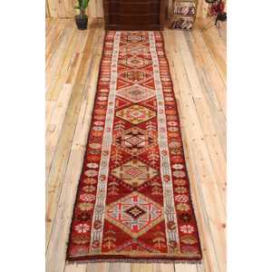 Tapis Herki vintage 3x12,7 pieds, tapis turc en laine rouge à motifs floraux - Product Image 1