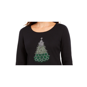 เสื้อยืดลำลองพิมพ์ลายวันหยุดสำหรับผู้หญิง Karen Scott สีดำ ไซส์เล็ก สำหรับฤดูหนาว - Product Image 2