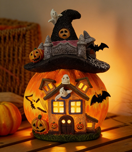 Décoration d'Halloween : Citrouille Jack-O'-Lantern en résine, statue de maison avec chapeau de sorcière, décorations d'Halloween, lumière d'intérieur, lampe de chevet - Product Image 1