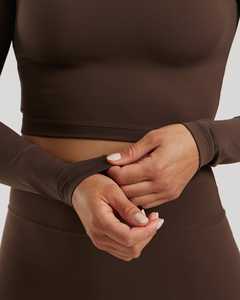 Prix usine cacao femmes essentiel manches longues haut court 4 voies extensible doux et léger entraînement haut court t-shirts pour femmes - Product Image 4