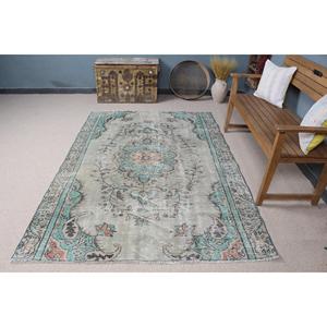 Alfombra Vintage de Lana con Diseño a Cuadros Azul Turco, 5x7.3 pies - Product Image 3