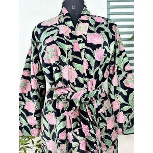 Luxe Velvet Unisex House Robe Kimono Veste Rversible Soie Double Autumn Winter Gift Elegant Ikat <b>Green</b> Malibu Bluish ODM Tie - Product Image 2