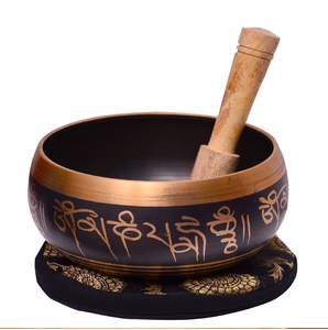 A black singing <b>bowl</b> with gold Tibetan script and a <b>red</b>-tipped mallet, a stylish option. Wholesale prices available. - Product Image 3