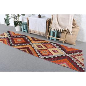 2.5x9.4 ft Vintage Rug, Turkish <b>Runner</b> Rug, <b>Red</b> Solid Wool Rug - Product Image 2