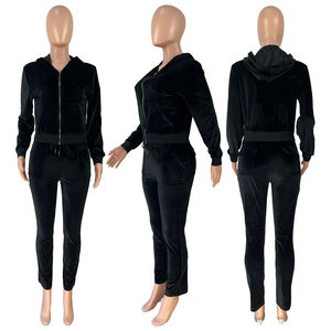 Conjunto de dos piezas de terciopelo para mujer de otoño, chándal para mujer, chaqueta con cremallera, Top corto, pantalones de pierna ancha, pantalones de chándal, Sudadera con capucha de terciopelo para mujer - Product Image 6