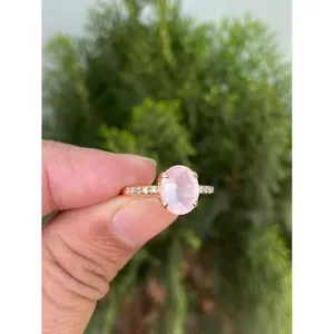 925 Silver Oval Cut Rose <b>Quartz</b> <b>Ring</b> Romantic Gemstone Engagement Rhodium Plated Set with Natural Stone Inlaid with Diamond - Product Image 3