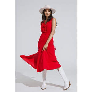 Vestido Rojo de Verano con Corte en A, Volantes y Detalle de Botones, Cintura Natural - Product Image 1