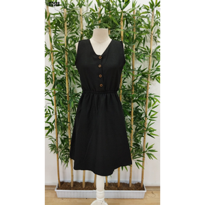 Robe courte en lin pour femme, col en V, détail boutonné sur le devant, taille élastique, 38223 - Noir - Product Image 4