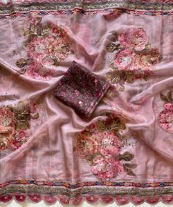 ผ้าส่าหรีไหมเทบบี้เนื้อนุ่มทันสมัยสำหรับผู้หญิง ออกแบบโดยดีไซเนอร์ชาวอินเดีย พร้อมลายพิมพ์ดิจิทัลและงานปักเลื่อมทั่วผ้า - Product Image 4