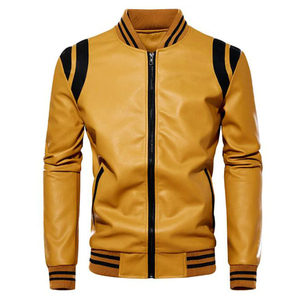 Chaquetas de motorista de cuero de Color negro con cuello alto informal para hombre, chaqueta de cuero informal de PU con bolsillos exteriores con cremallera, OEM personalizado - Product Image 1