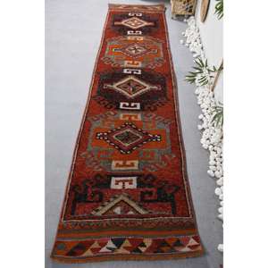 2.7x11.1 ft <b>Runner</b> Vintage Rug, Turkish Rug, <b>Red</b> Beige Animal Print Wool Rug - Product Image 1