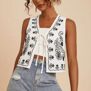 Femmes Vintage coton gilet veste dames ouvert gilet broderie florale décontracté haut court tenues pour automne hiver vacances - Product Image 1